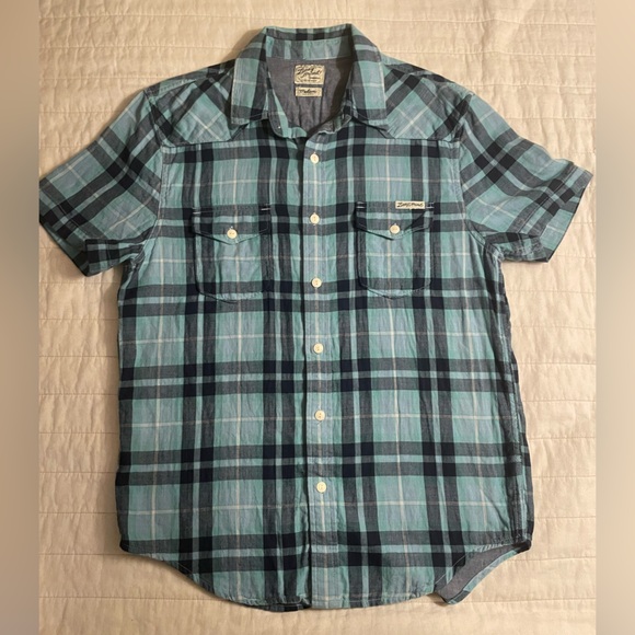 Lucky Brand Other - Lucky Brand Teal and Navy Plaid Button down short sleeve Men's Shirt Medium